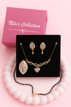 Nilu's Collection Rose Gold Plated American Diamond Mangalsuthra Eith Earrings And Ring For Women