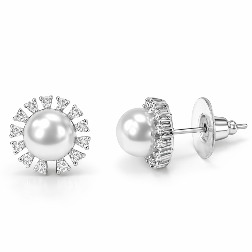 Nilu's Collection Silver Plated Pearl Stud Earrings With American Diamond for Women And Girls