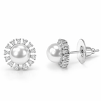 Nilu's Collection Silver Plated Pearl Stud Earrings With American Diamond for Women And Girls