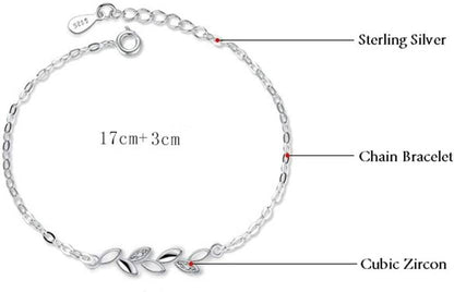 925 Sterling Silver Plated Adjustable Leaf Charm Crystal Bracelet for Women & Girls