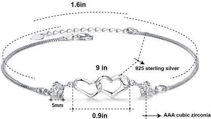 Sterling Silver Double Heart Shape Cubic Zirconia Charm Bracelet, Love Bracelet for Women and Girls