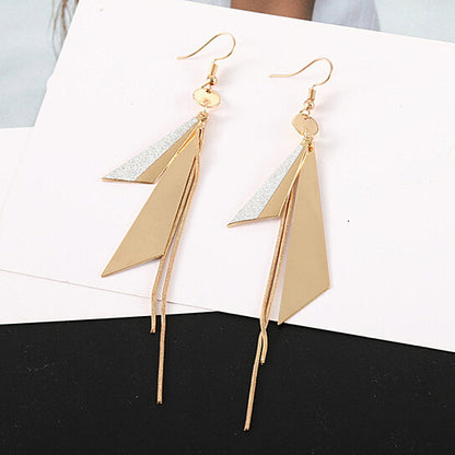 Gold Plated Geometric Triangle Long Tassel Drop Earrings for Women and Girls, Copper Triangular Drop Golden Danglers with Metal Chain