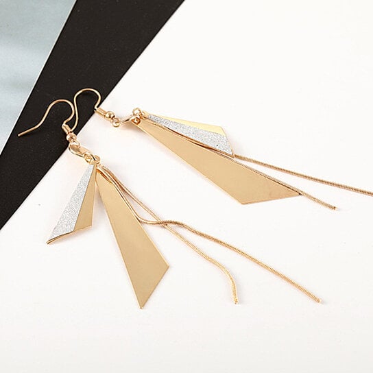 Gold Plated Geometric Triangle Long Tassel Drop Earrings for Women and Girls, Copper Triangular Drop Golden Danglers with Metal Chain