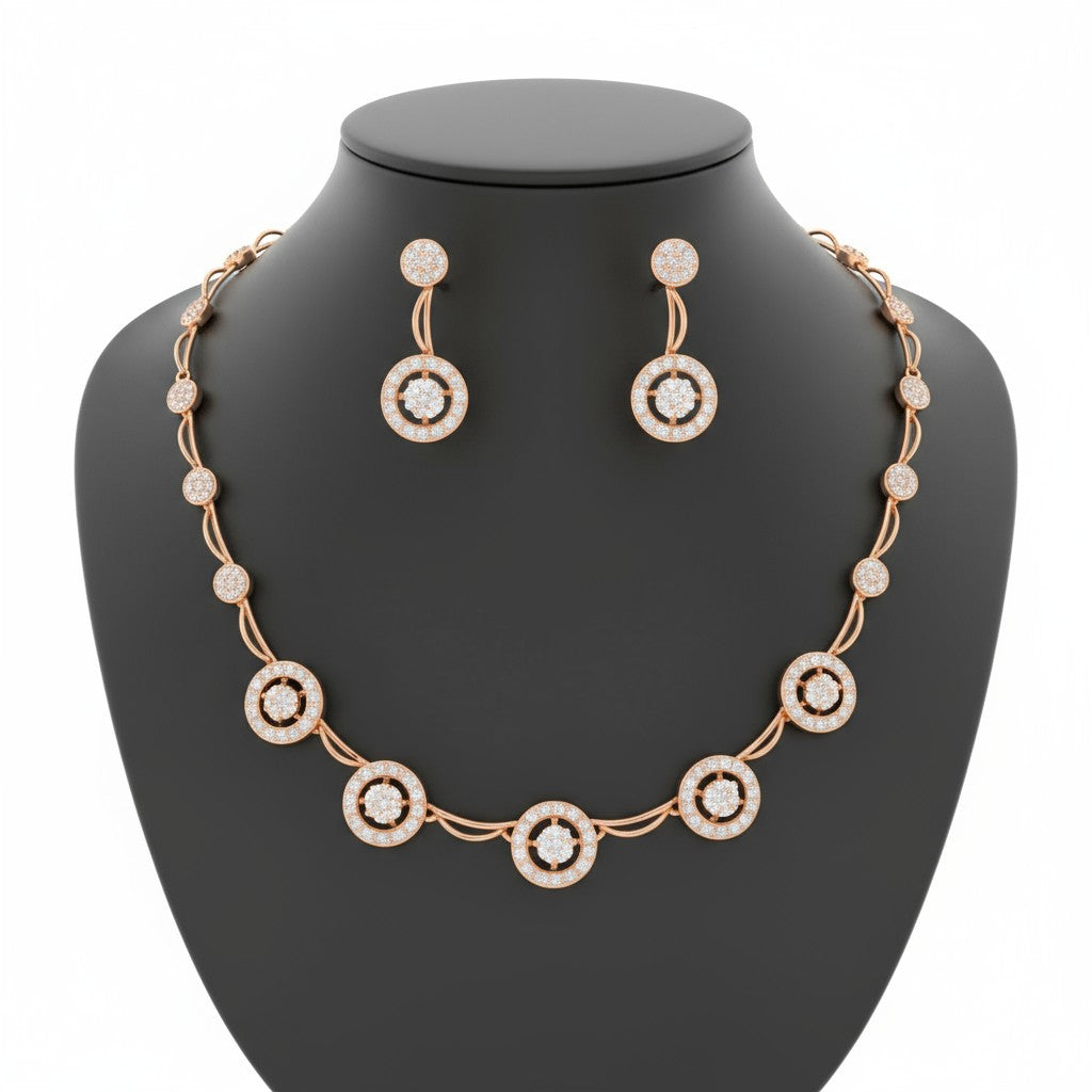 Nilu's Collection Rose Gold Plated Round Pattern Necklace Set With American Diamond For Women And Girls | Anti-Allergy | Anti-Tarnish | Gifr For Her