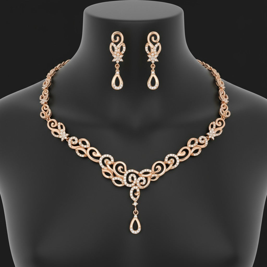 Nilu's Collection Rose Gold Plated Necklace set With American Diamond For Women And Girls | Office Wear | Anti-Tarnish | Gift For Her