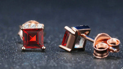 Blood Red Stone Square Stud Earrings for Girls and Women Copper Stud Earring