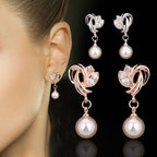 Nilu's Collection Simulated Pearl Drop Earrings for Women, Cubic Zirconia Pearl Beads Earring, Rose Gold and Silver