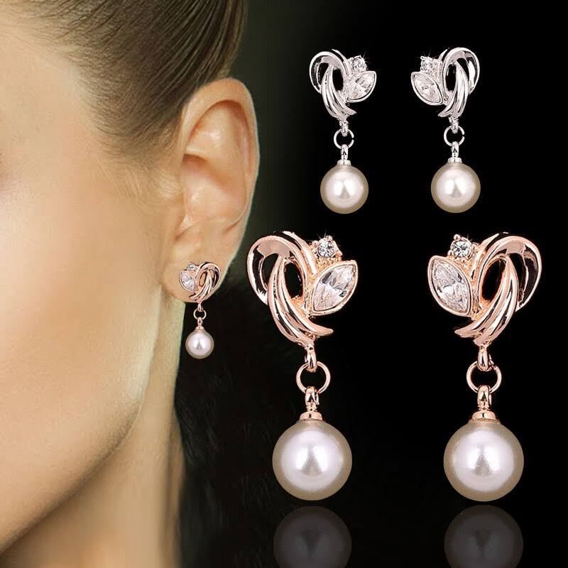 Nilu's Collection Simulated Pearl Drop Earrings for Women, Cubic Zirconia Pearl Beads Earring, Rose Gold and Silver