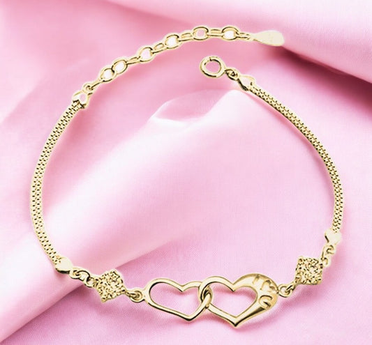 Double Heart Shape Cubic Zirconia Charm Bracelet, Love Bracelet for Women and Girls (Gold)