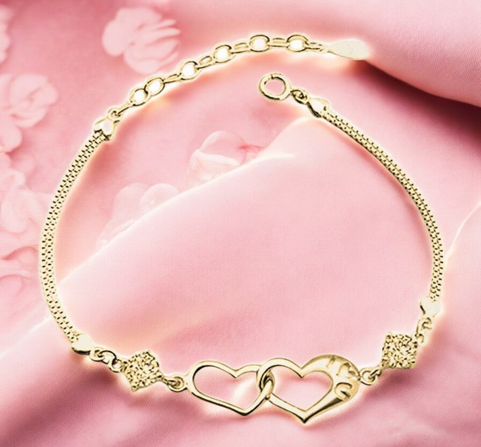 Double Heart Shape Cubic Zirconia Charm Bracelet, Love Bracelet for Women and Girls (Gold)