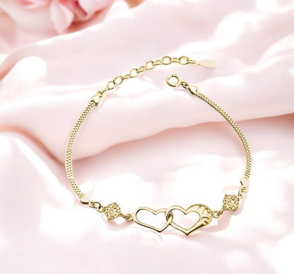 Double Heart Shape Cubic Zirconia Charm Bracelet, Love Bracelet for Women and Girls (Gold)