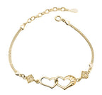 Double Heart Shape Cubic Zirconia Charm Bracelet, Love Bracelet for Women and Girls (Gold)