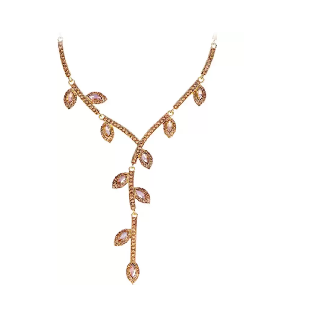 Designer Leaf Setting Yellow Stone Studded Necklace with earrings| Festive/ Function Jewellery Set for Women & Girls