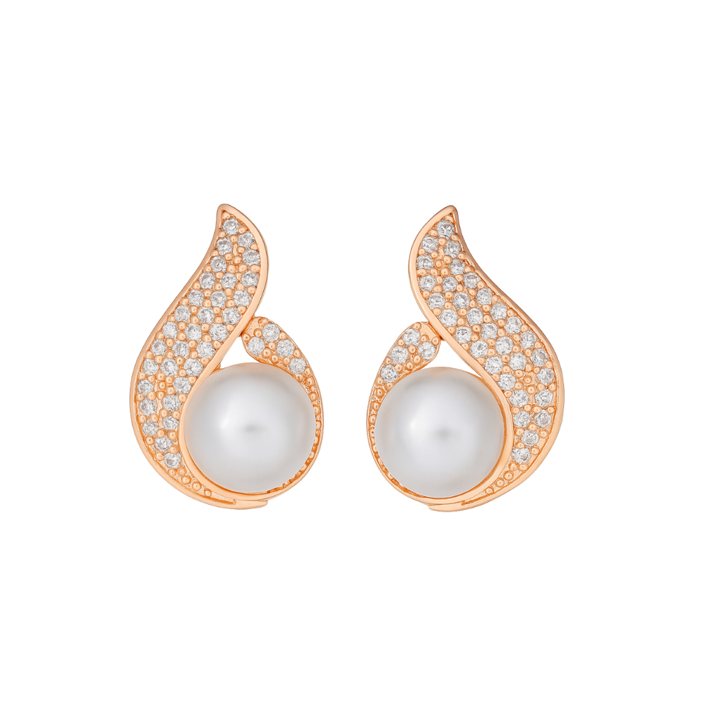 Nilu's Collection Rose Gold Plated Pearl Stud Earrings with Sparkling AD Stones Earrings for Women & Girls | Perfect for Gifting | Anti-Tarnish