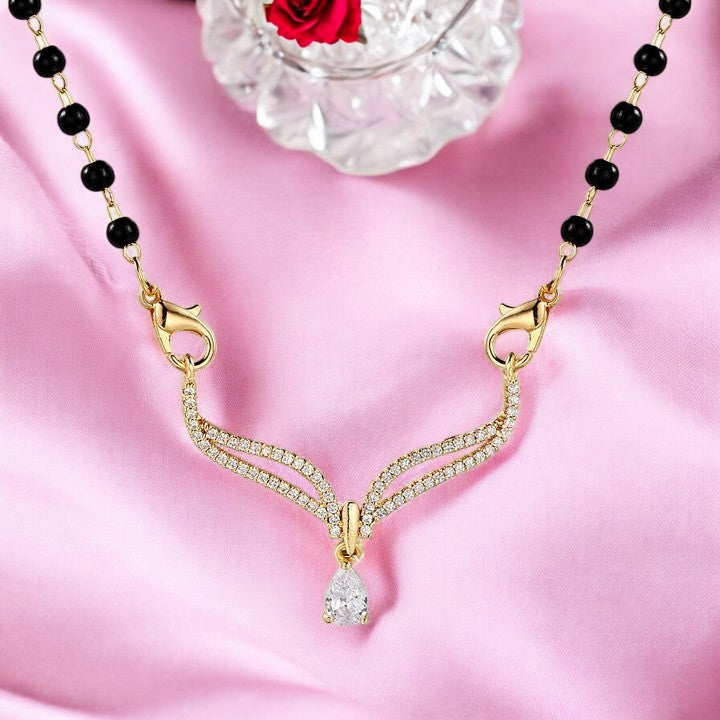 Gold Plated Mangalsutra Embedded with American Diamond, Traditional Black Bead, Single Line Chain Mangalsutra