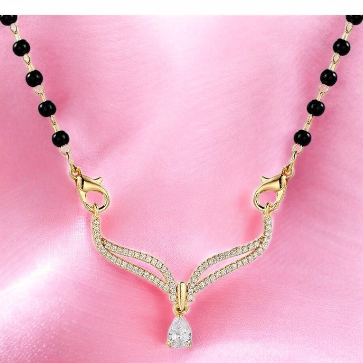 Gold Plated Mangalsutra Embedded with American Diamond, Traditional Black Bead, Single Line Chain Mangalsutra