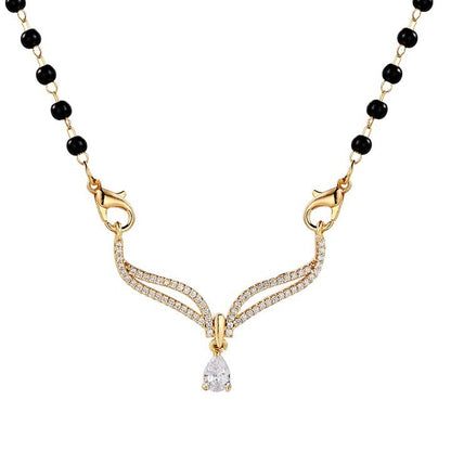 Gold Plated Mangalsutra Embedded with American Diamond, Traditional Black Bead, Single Line Chain Mangalsutra