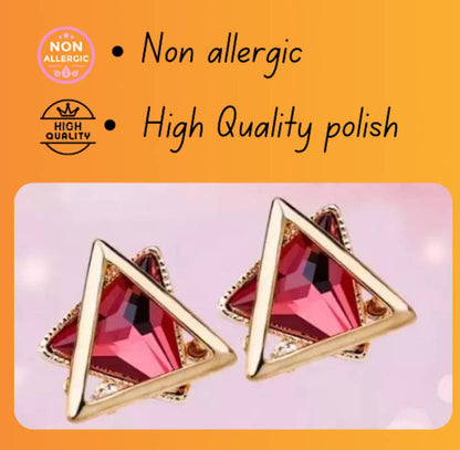 Gold Plated Maroon Crystal Rhinestone Geometric Stud Earrings for Women and Girls