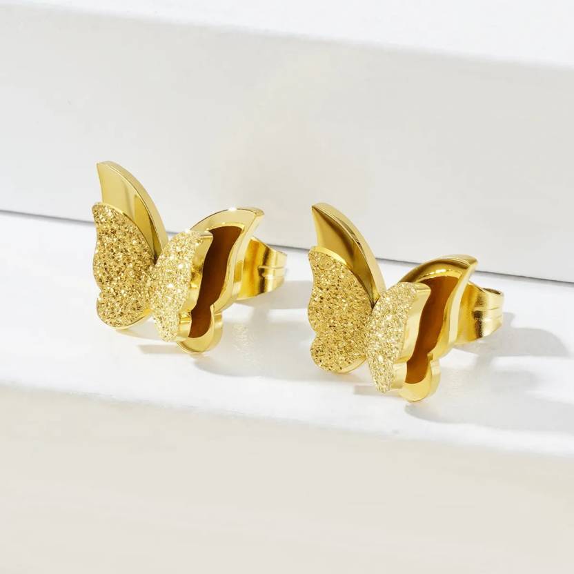 Charming Dual Butterfly Stainless Steel Rhinestone Stud Earrings for Baby Girls, Girls and Women