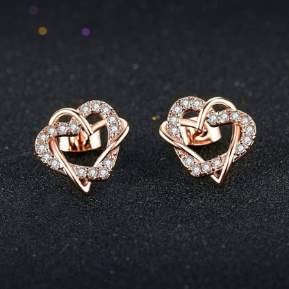 Alloy Heart Shape Stud Earrings for Women and Girls, Cubic Zirconia Hollow Heart Contemporary Studs