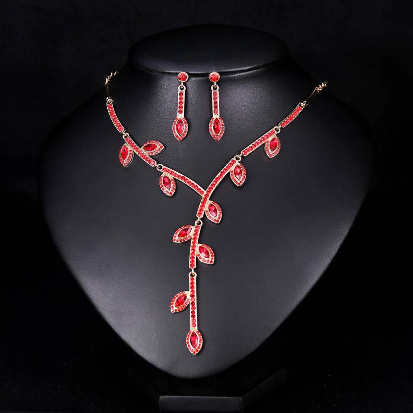 Red Matching Pendant and Earring Set - Leaf Theme 24K Gold