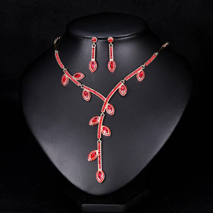 Designer Leaf Setting Red Stone Studded Necklace with earrings| Festive/ Function Jewellery Set for Women & Girls