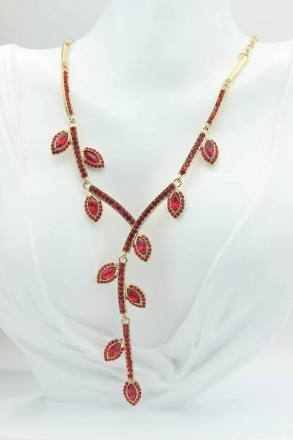 Designer Leaf Setting Red Stone Studded Necklace with earrings| Festive/ Function Jewellery Set for Women & Girls