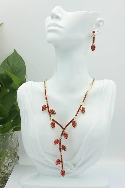 Designer Leaf Setting Red Stone Studded Necklace with earrings| Festive/ Function Jewellery Set for Women & Girls