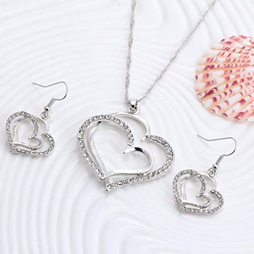 Heart-Shaped Necklace and Earrings Set (Colour: Silver)