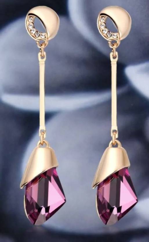 Nilu's Collection Fashion Geometric Maroon Crystal Long Water Drop Ear