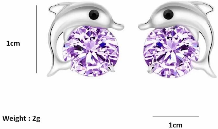 Fashion 925 Sterling Silver Plated Purple Cubic Zirconia Crystal Dolphin Shape Stud Earrings for Women & Girls