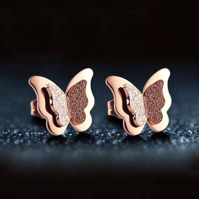 Premium Quality Dual Butterfly Rose Gold Plated Stud Earrings for Girls, Women and Kids