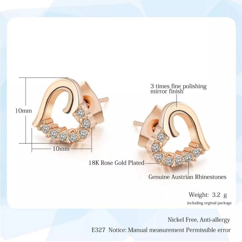 Stone Studded Heart Shape Stud Earrings for Baby Girls/ Women /Girls (Rose Gold)