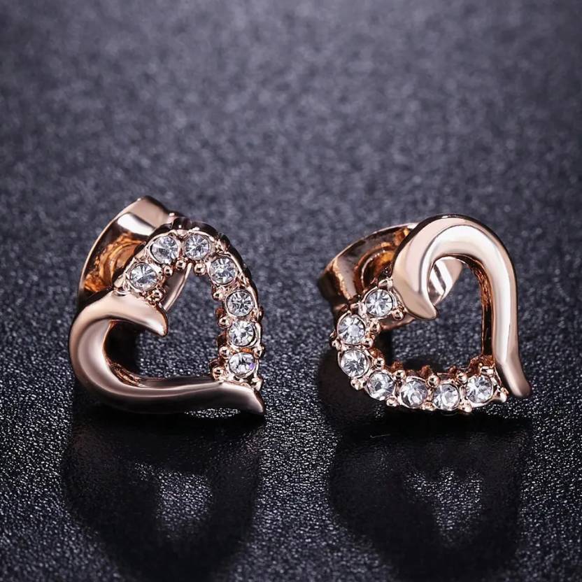 Stone Studded Heart Shape Stud Earrings for Baby Girls/ Women /Girls (Rose Gold)