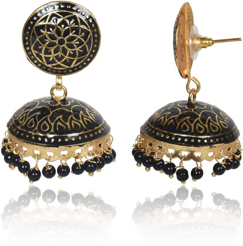 Ethnic Gold Plated Handmade Brass Jhumki/ Jhumka Earrings for Women & Girls (Black)