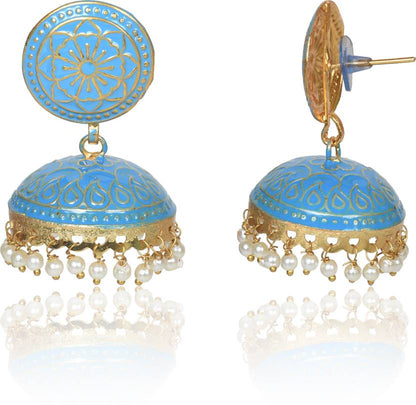 Ethnic Gold Plated Handmade Brass Jhumki/ Jhumka Earrings for Women & Girls (Sky Blue)