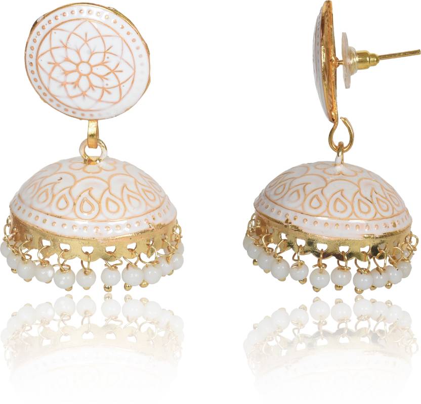 Ethnic Gold Plated Handmade Brass Jhumki/ Jhumka Earrings for Women & Girls (White)