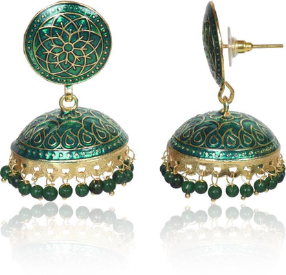 Ethnic Gold Plated Handmade Brass Jhumki/ Jhumka Earrings for Women & Girls (Green)