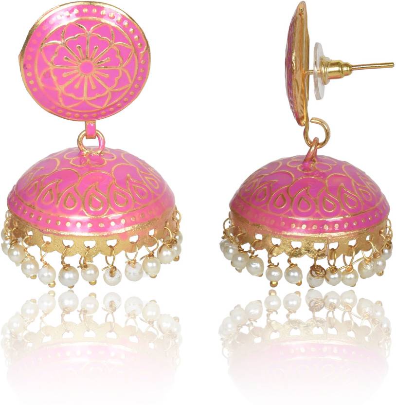 Ethnic Gold Plated Handmade Brass Jhumki/ Jhumka Earrings for Women & Girls (Pink)