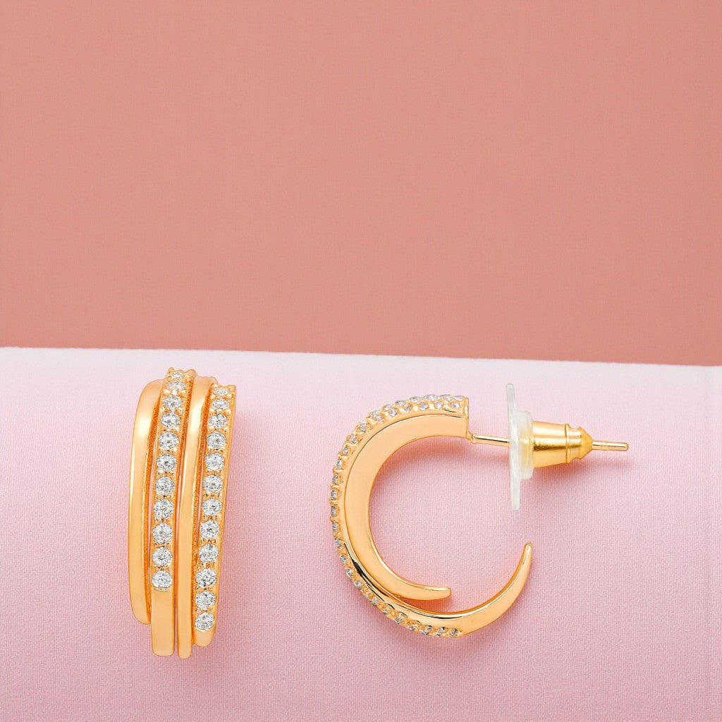 Nilu's Collection Rose Gold Plated Triple Layer Hoop Earrings With Sparkling AD Stone  for Women And Girls