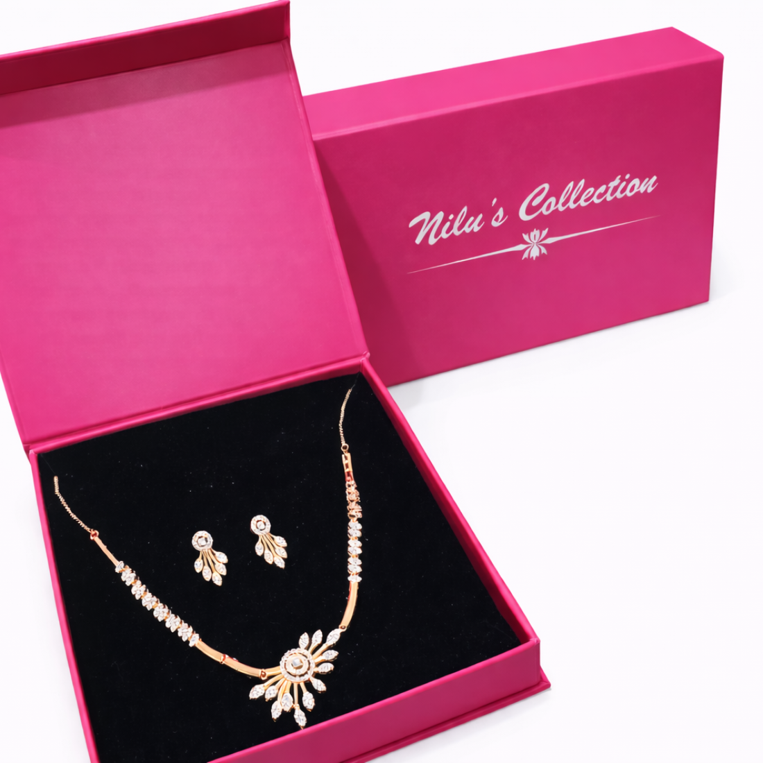 Gift Rose Gold Plated Necklace Set With Adjustable Finger Ring For Women And Gilrls