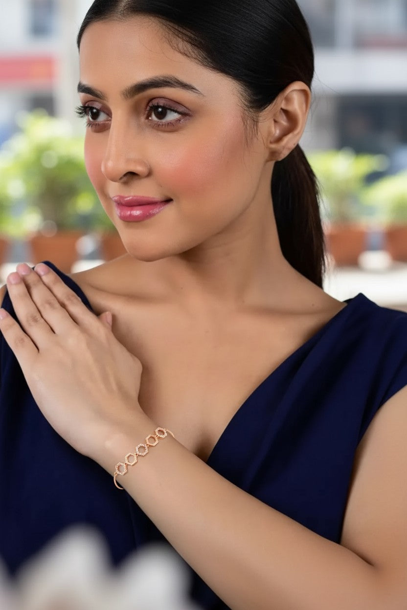 Nilu's Collection Rose Gold Plated Hexagon Shape with American Diamond Adjustable Bracelet for Women and Girls | Anti- Tranish | Anti -Allergy | Office Wear