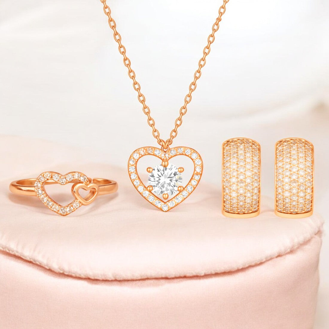 Nilu's CollectionRose Gold Plated Heart Pendant Necklace with Ring and Earrings