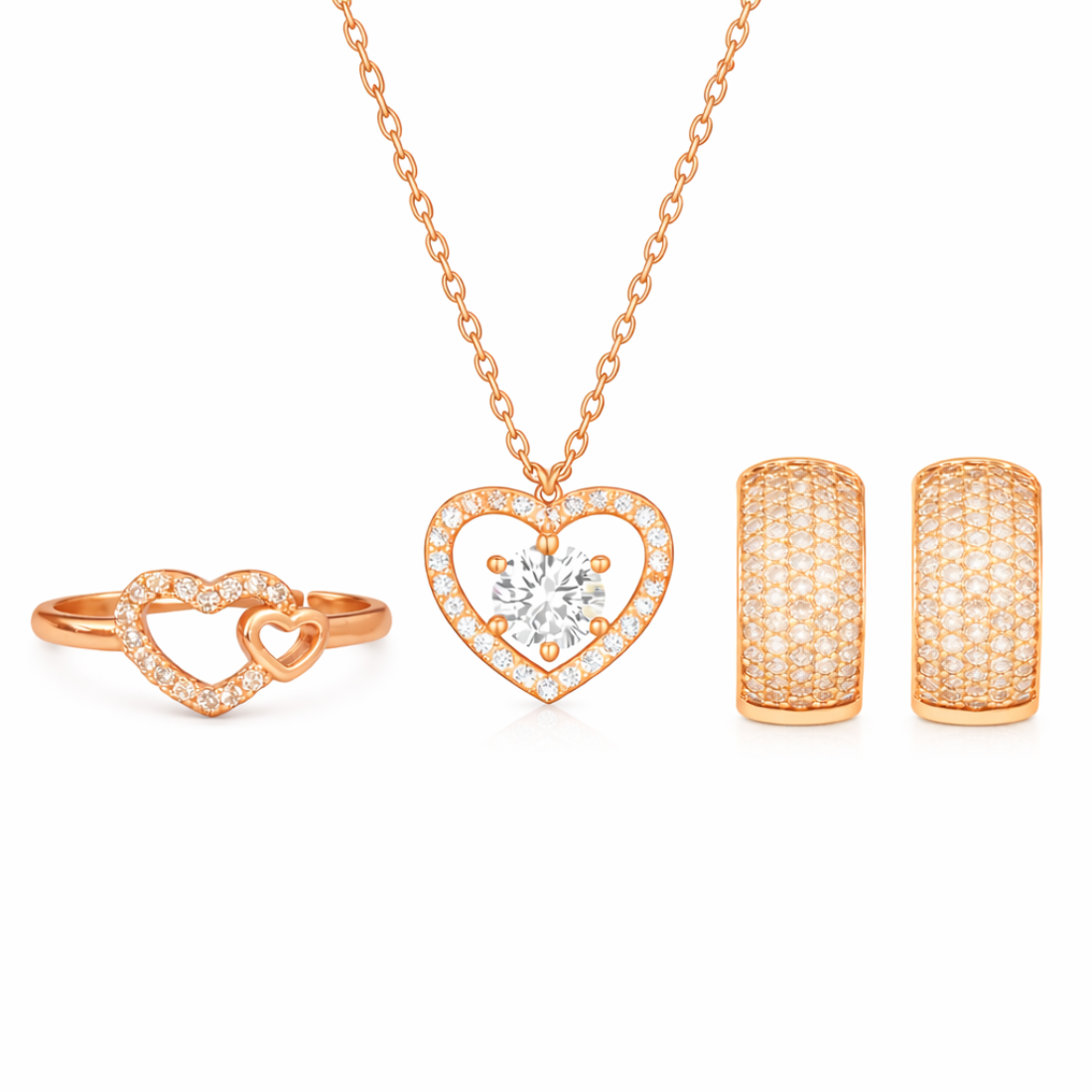 Nilu's CollectionRose Gold Plated Heart Pendant Necklace with Ring and Earrings