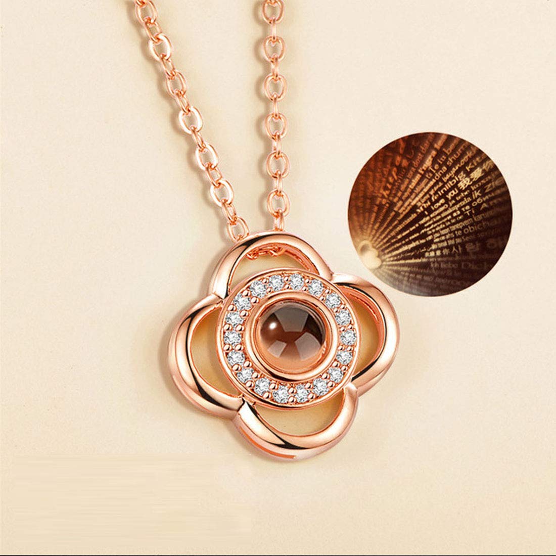 Sparkling Petal Rose Gold Plated Zircon Flower Pendant with Chain for Girls