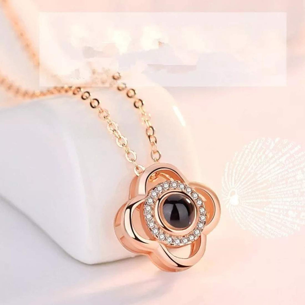 Sparkling Petal Rose Gold Plated Zircon Flower Pendant with Chain for Girls