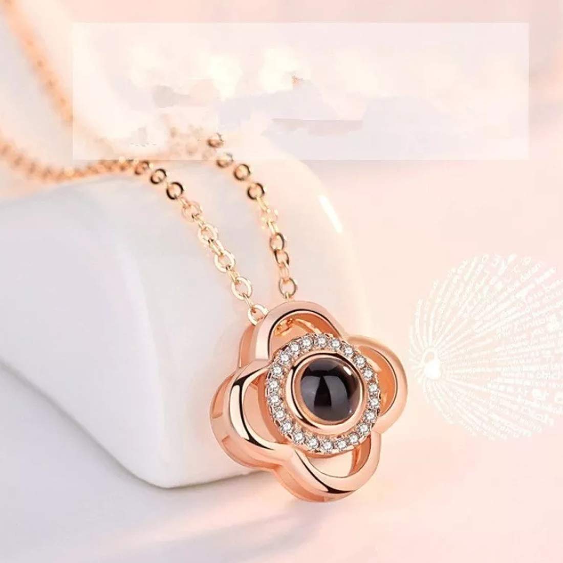 Sparkling Petal Rose Gold Plated Zircon Flower Pendant with Chain for Girls