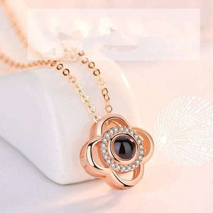 Sparkling Petal Rose Gold Plated Zircon Flower Pendant with Chain for Girls