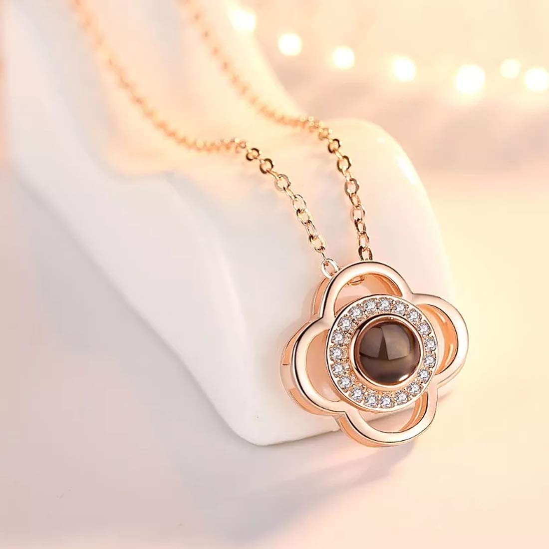 Sparkling Petal Rose Gold Plated Zircon Flower Pendant with Chain for Girls