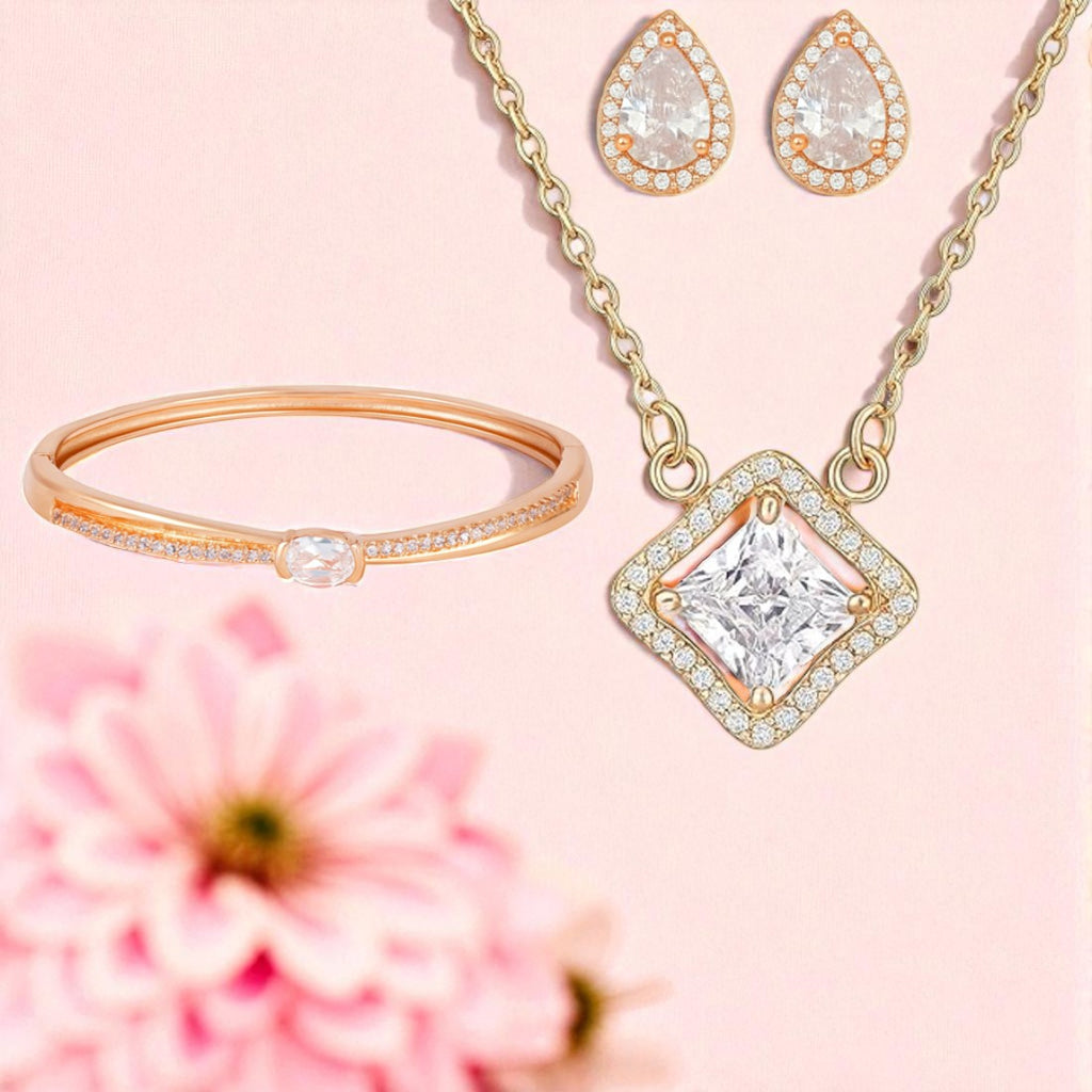 Nilu's Collection Rose Gold Plated Pendant With Earrings And Kada bracelet With American Diamond For Women And Girls
